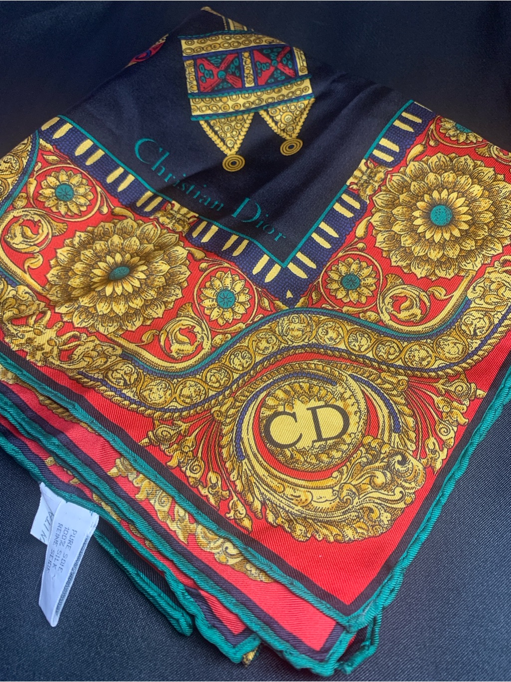 Dior Red, Gold & Teal Baroque Silk Scarf